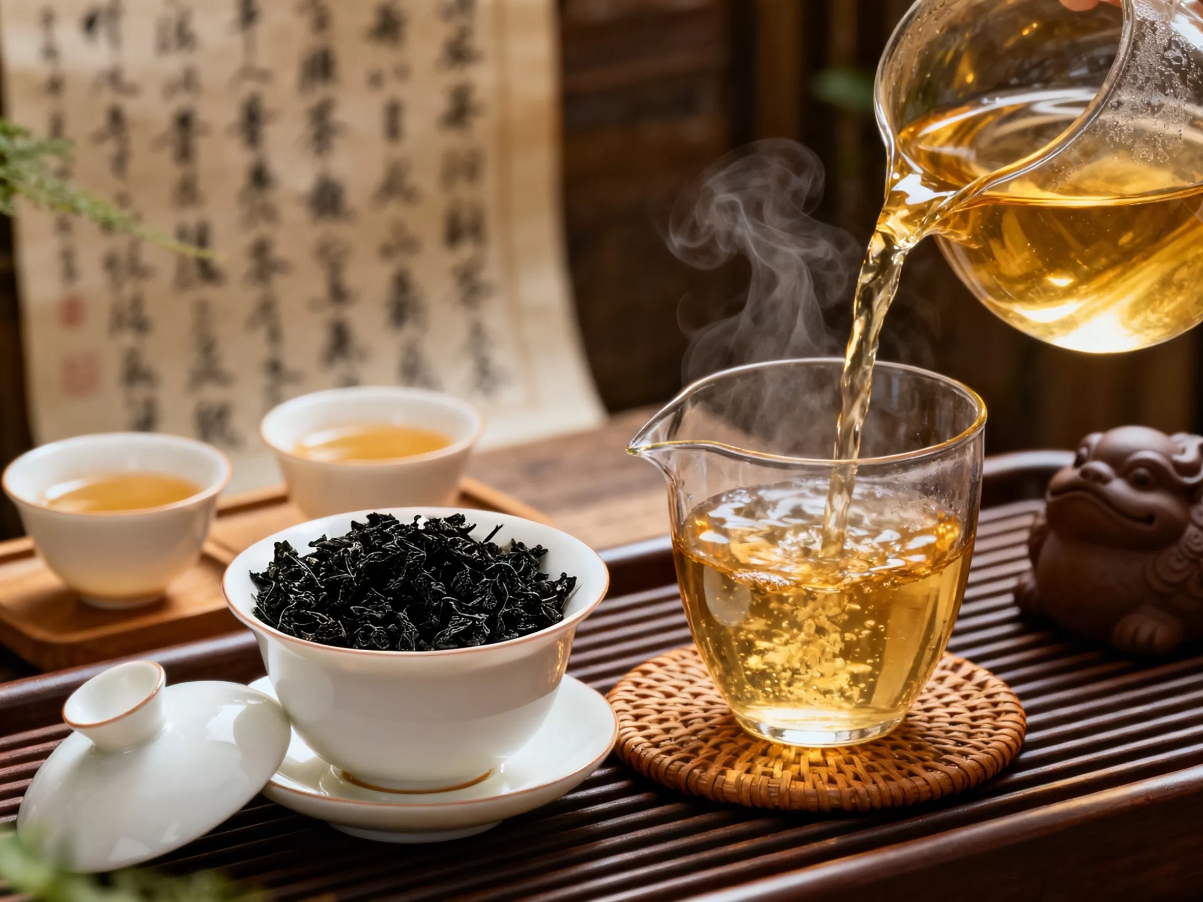Oolong tea leaves and brewing setup